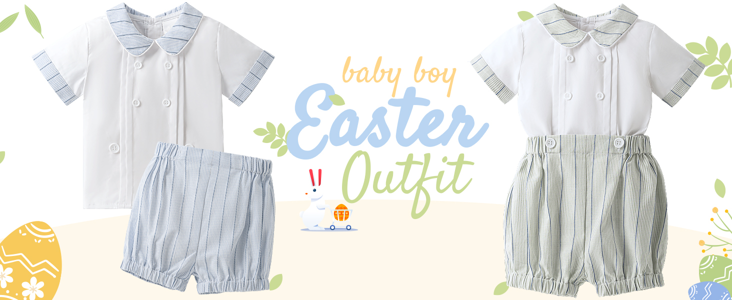 Baby Boy Summer Clothes Easter Outfit  Button Down Shirt Tops and Green Stripe Shorts Clothing Sets