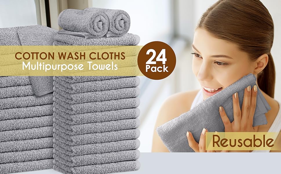Oakias Cotton Wash Cloths, Grey, 24 Pack, Face Towels, 12 x 12 Inches Quick Drying