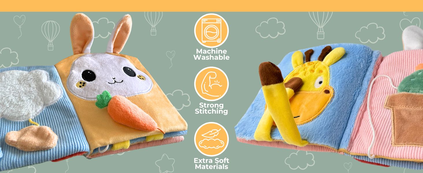 Soft cloth baby book with fun animal designs, textures, and movable parts for sensory play