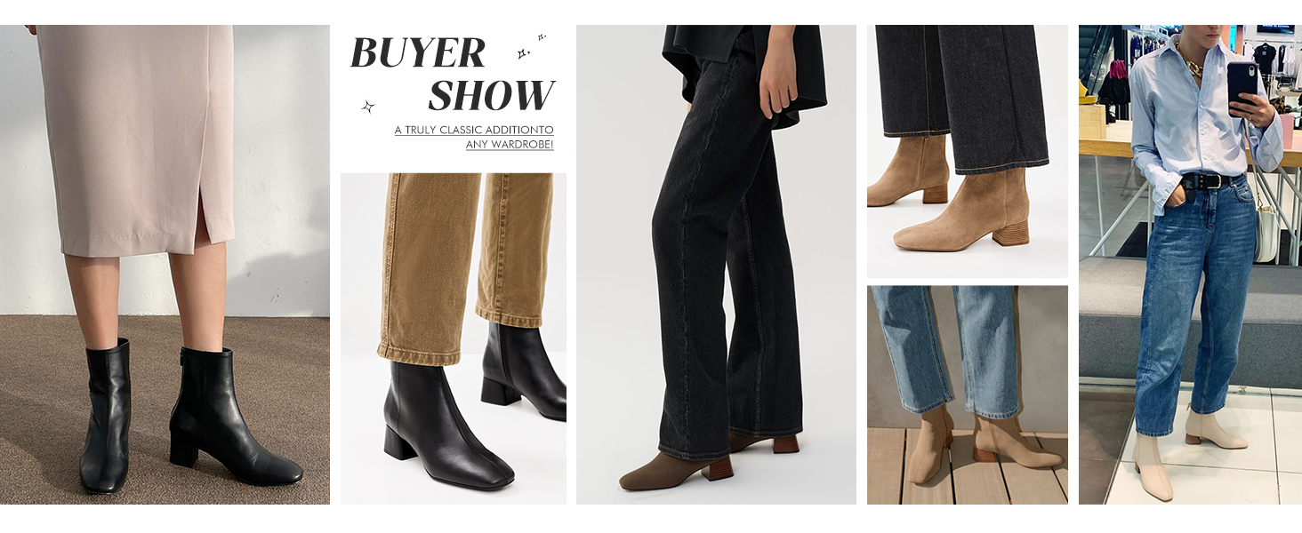 Coutgo Womens Ankle Boots Chunky Low Heels Square Toe Booties Side Zipper Winter Dress Boot Shoes