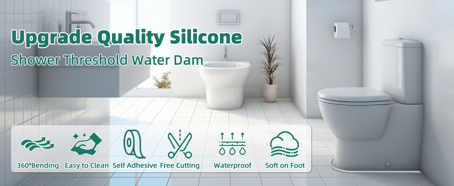 New Collapsible Shower Threshold Water Dam, Self Adhesive Silicone