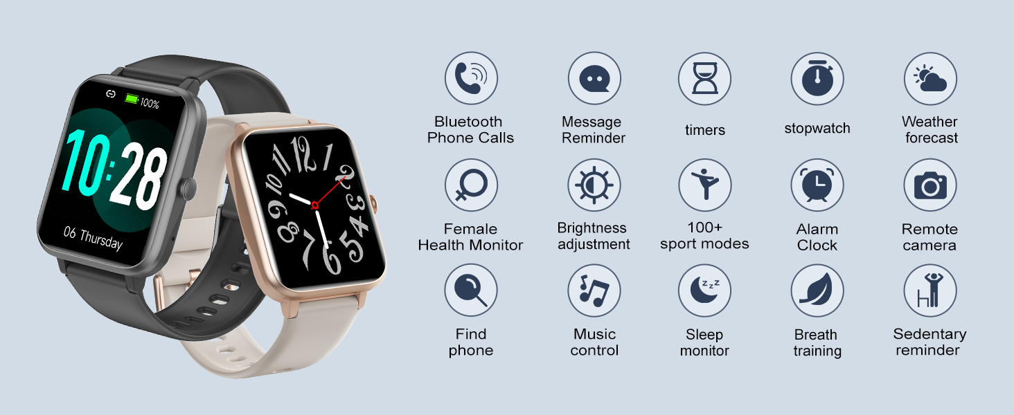 Smartwatch with multiple functions displayed. Features include phone calls, messages, heart rate monitoring, and sport modes. Two watch faces shown.