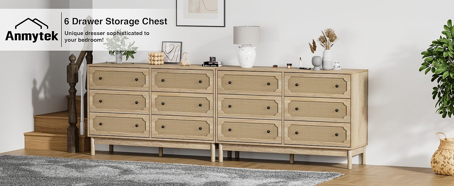 Anmytek Rattan 6 Drawer Dresser for Bedroom, Modern Storage