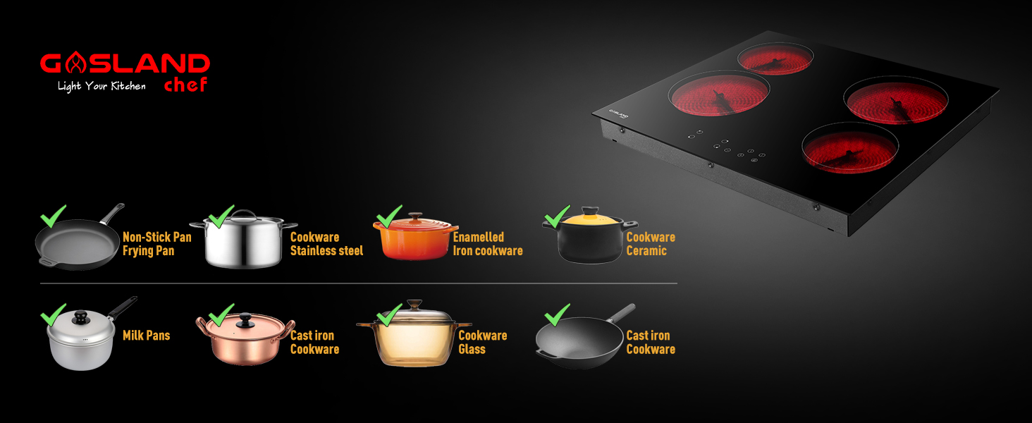 GASLAND Chef CH60BF 60cm Built-in Ceramic Hob, 4 Zones Electric Cooktop Sensor Touch Controls Timer Child Lock, 6kW 19 ceramic hob