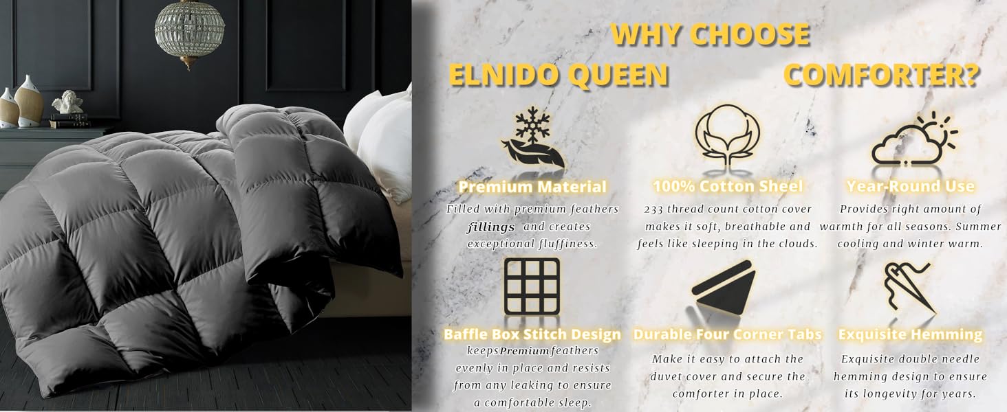 ELNIDO QUEEN Feather Down Fiber Comforter - All Season Grey Fluffy Duvet Insert for Luxurious Hotel Bedding
| ELNIDO 2bee06a7 5a63 4b9f B54c 8440eaad5dbe. CR0,0,2928,1200 PT0 SX1464 V1
