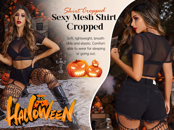 Avidlove Women's See Through Top Y2K Style Mesh Short Sleeve