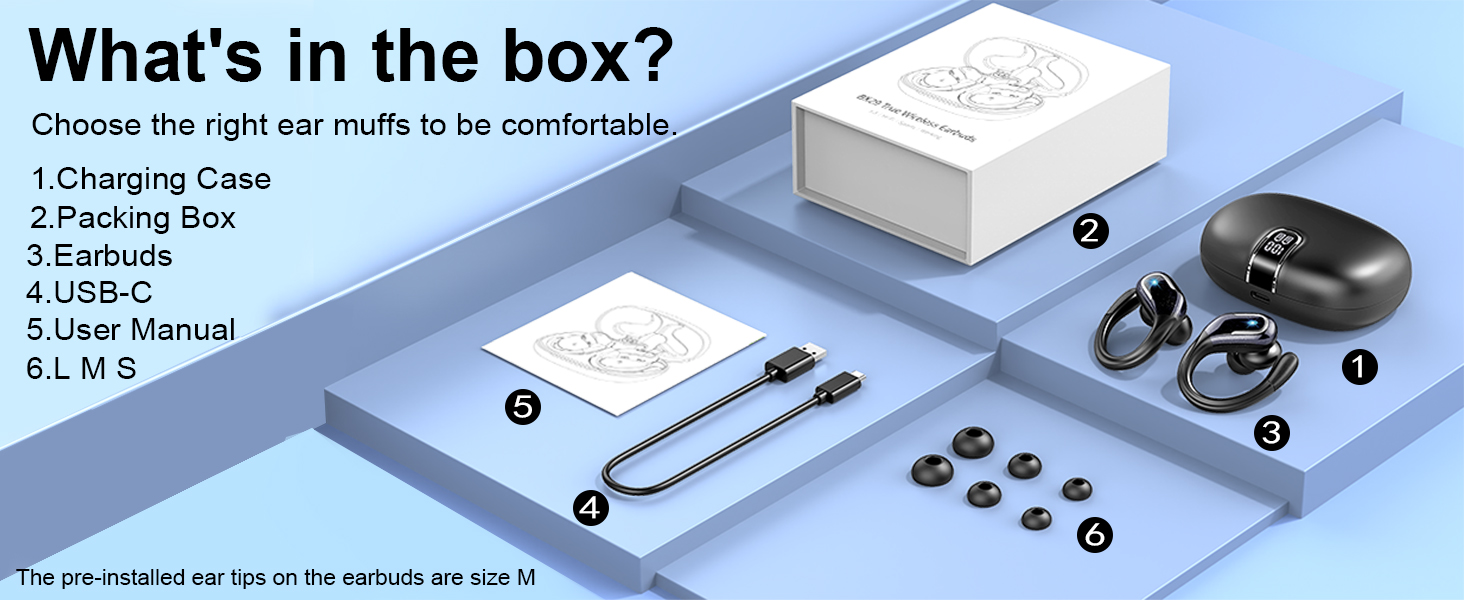 Text reads 'What's in the box?' Product package contents diagram showing earbuds and accessories with labeled components and setup instructions.