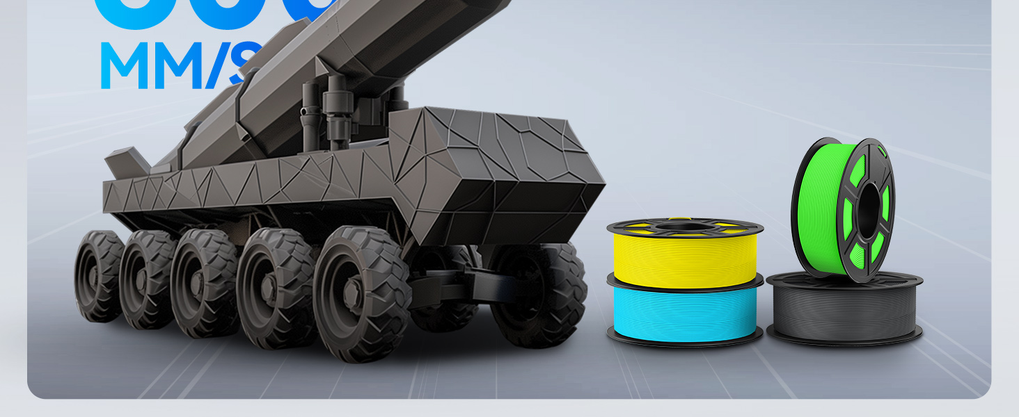Large 3D printer filament rolls in yellow, blue, green, and gray next to a futuristic eight-wheeled vehicle with an angular, dark gray body and raised platform.
