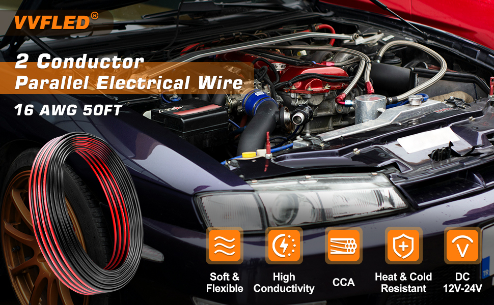 VVFLED 2-conductor parallel electrical wire, 16 AWG soft specification, shown with automotive application image and performance icons below.