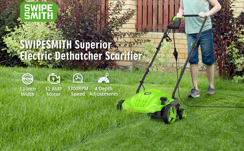 SWIPESMITH 13Inch 12 Amp Electric Dethatcher Scarifier, 2