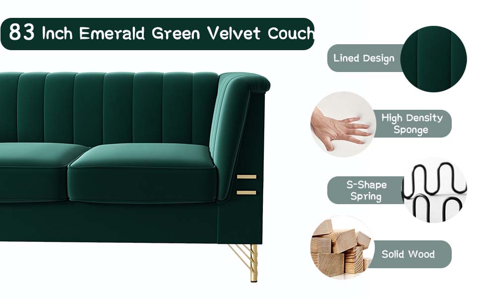 Emerald Green Velvet Couch Sofa, Tomkate 83" MidCentury