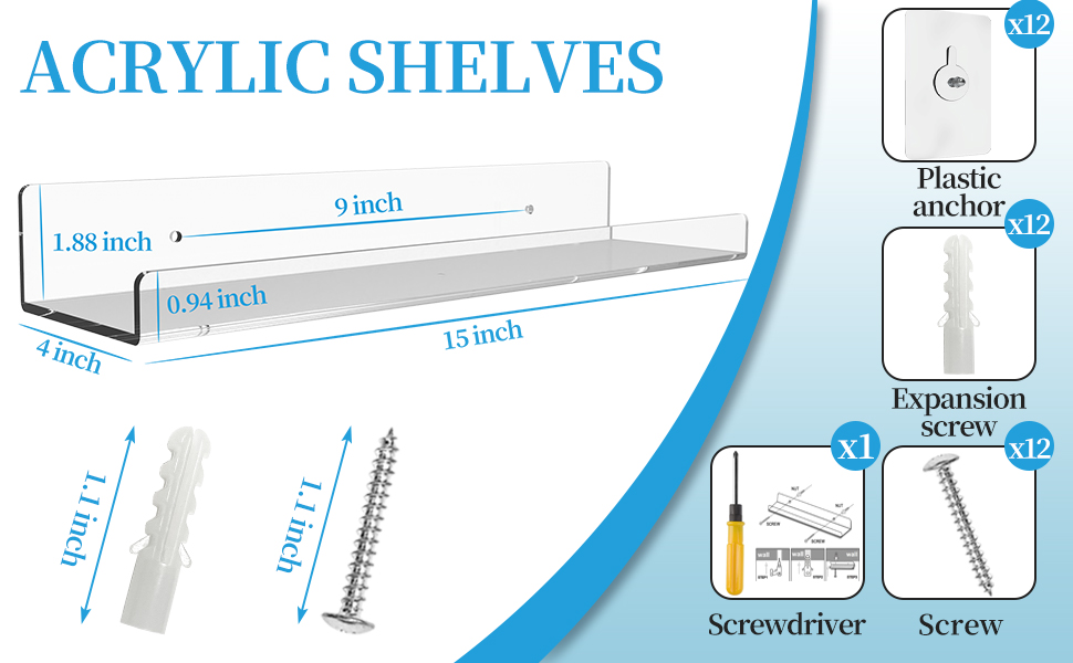 Hmdivor 6 Pack 15'' Clear Acrylic Shelves for Wall Mounted