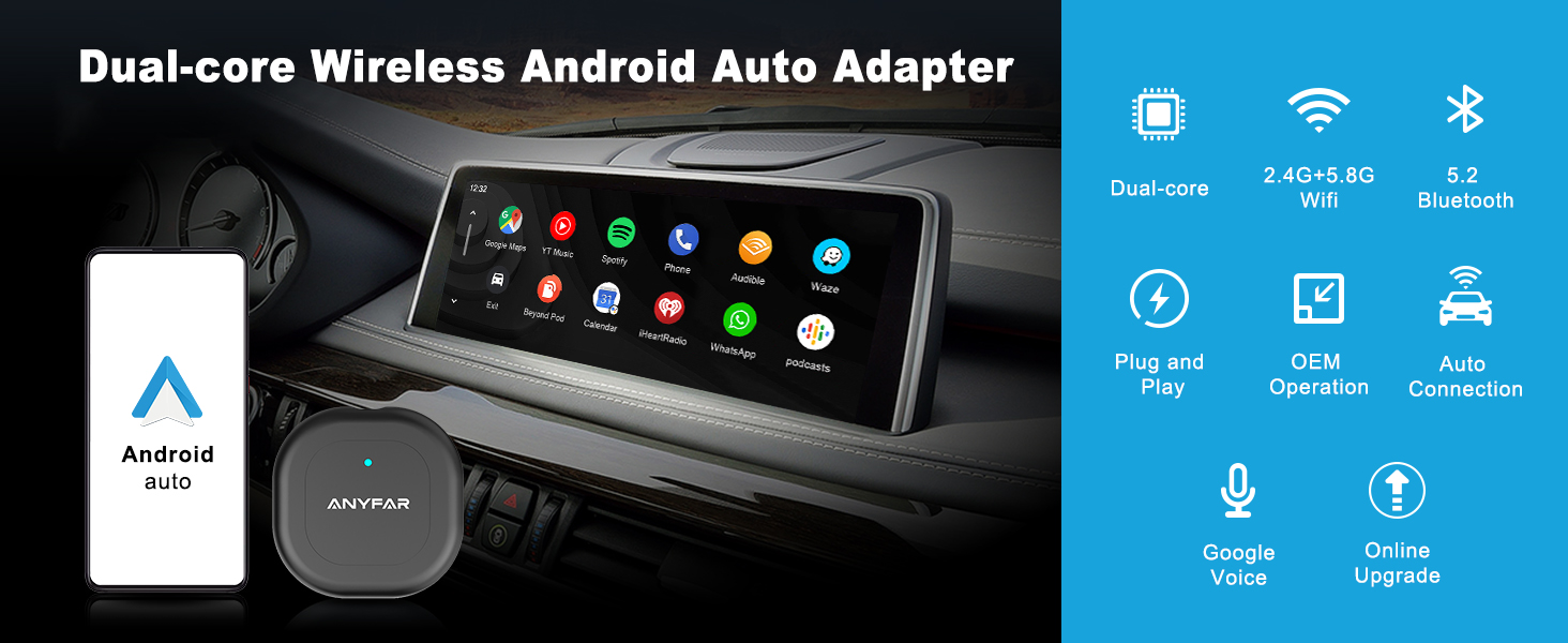 Android Auto Wireless Adapter, Dualcore 5G Chip (Upgraded), Anyfar B4