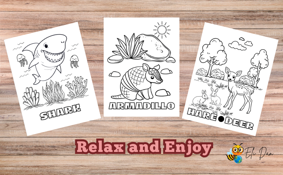3 examples of colouring pages with a shark, an armadillo and a deer with hare