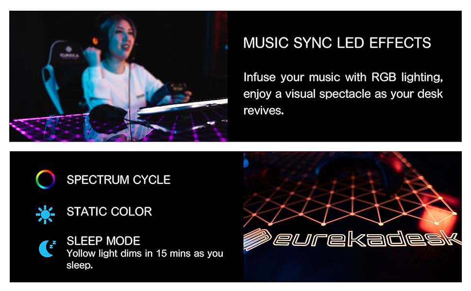 EUREKA ERGONOMIC RGB LED Gaming Desk, Music Sync Lights Up Tempered