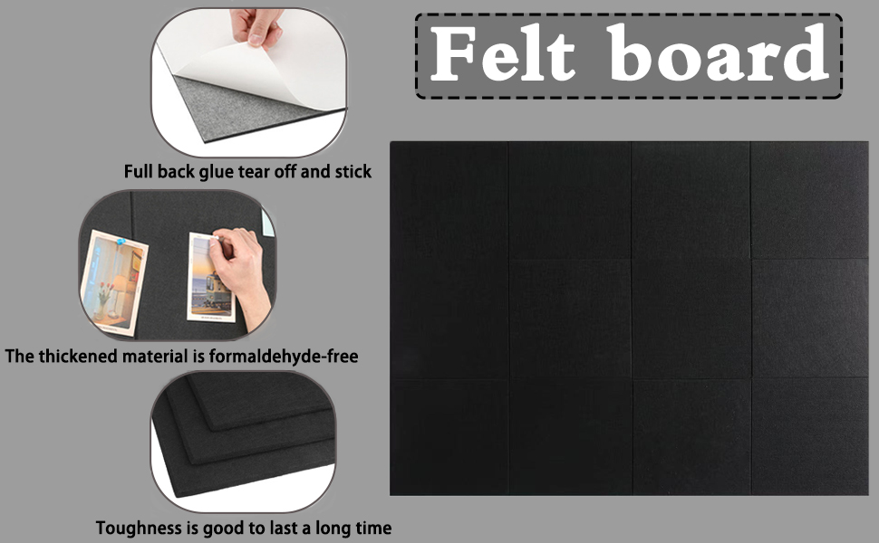 Black Cork Board 48 "x36", 12 Felt Wall Tiles with Secure Removable Adhesive Tabs, Pinboard