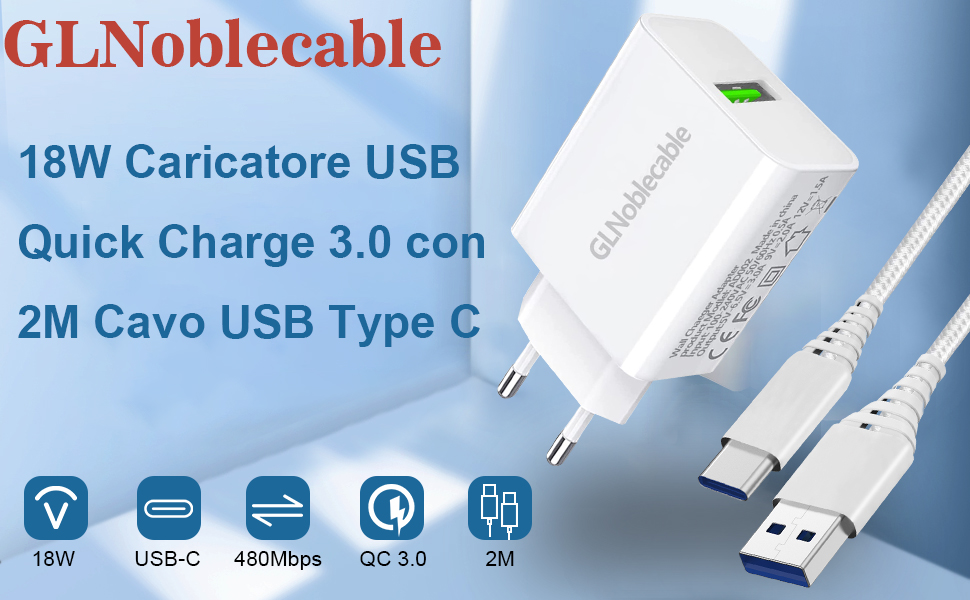 18W Caricatore USB Quick Charge 3.0 con 2M Cavo USB Type C