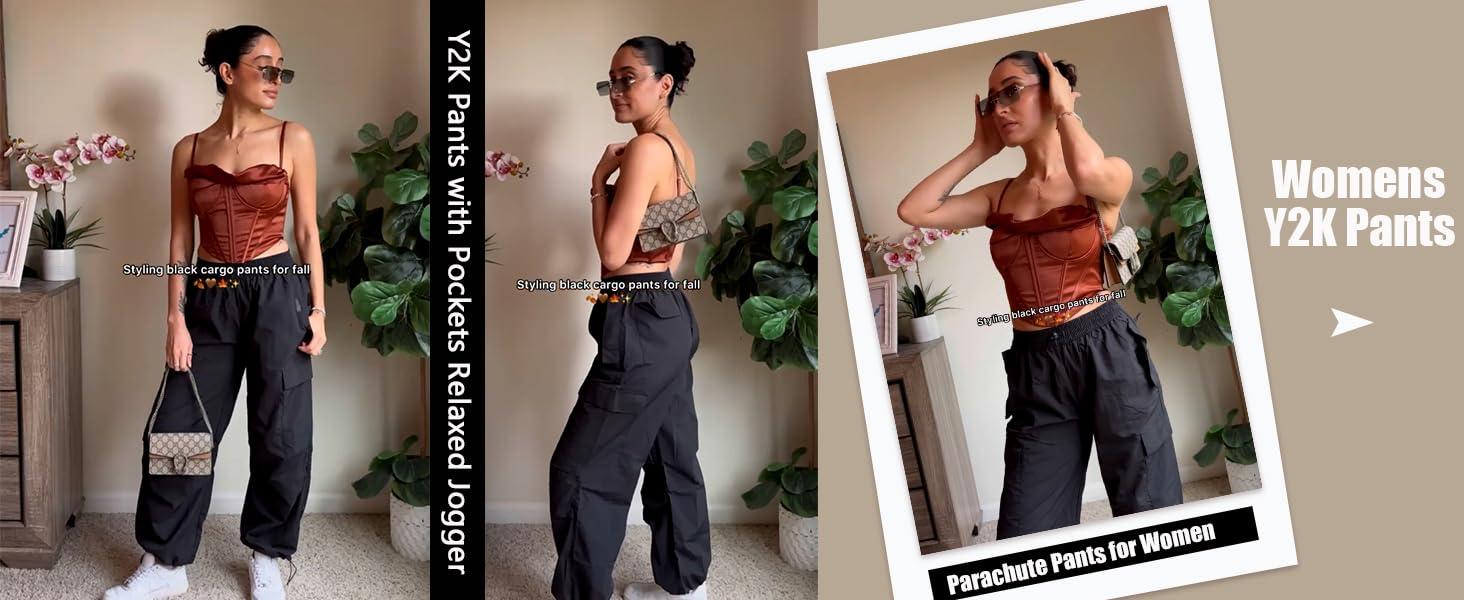 JZC Parachute Pants for Women Cargo Pants Womens Baggy 2K Pants with Pockets Relaxed Jogger