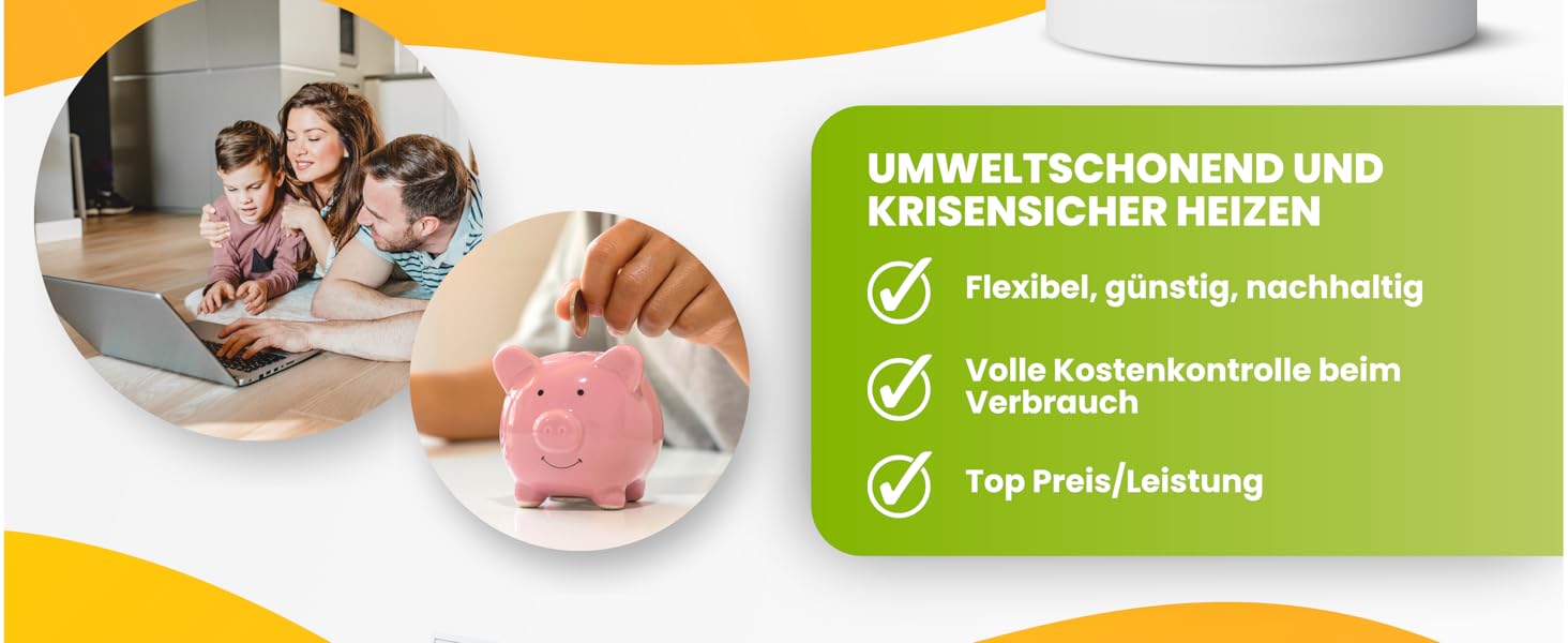 -Collage, die eine Familie am Laptop zeigt, eine Münze von Hand ins Sparschwein steckt und Text über umweltfreundliches und krisensicheres Heizen