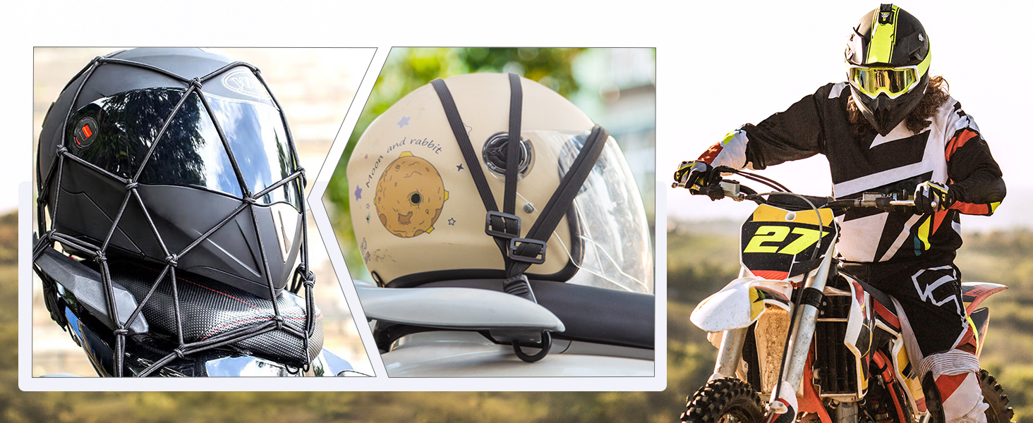 Image triptyque montrant un casque de moto, un support de guidon et un pilote de motocross en action portant un équipement de protection.