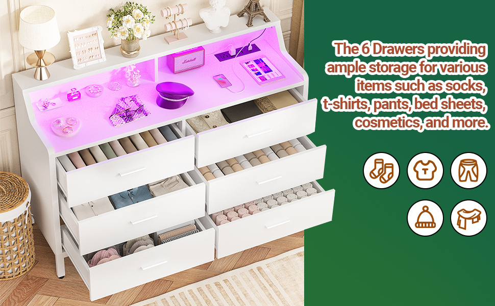 Hyomdeck 6 Drawer Dresser for Bedroom, Wood Storage Dresser with Power Outlets and