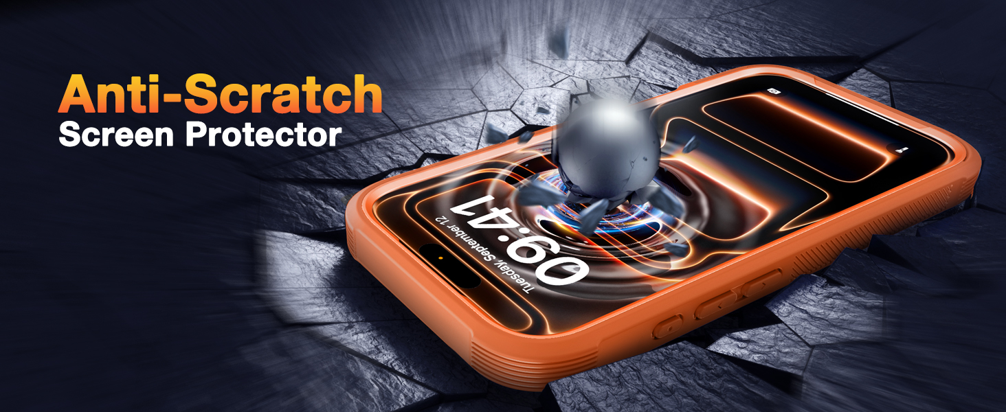 Text reads 'Anti-Scratch Screen Protector'. Product demonstration showing protective screen cover with orange border against dark backdrop.