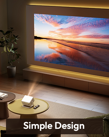 Text reads 'Simple Design'. Multiple images showing projector or light device casting colorful sunset-like gradients onto what appears to be a wall or surface.