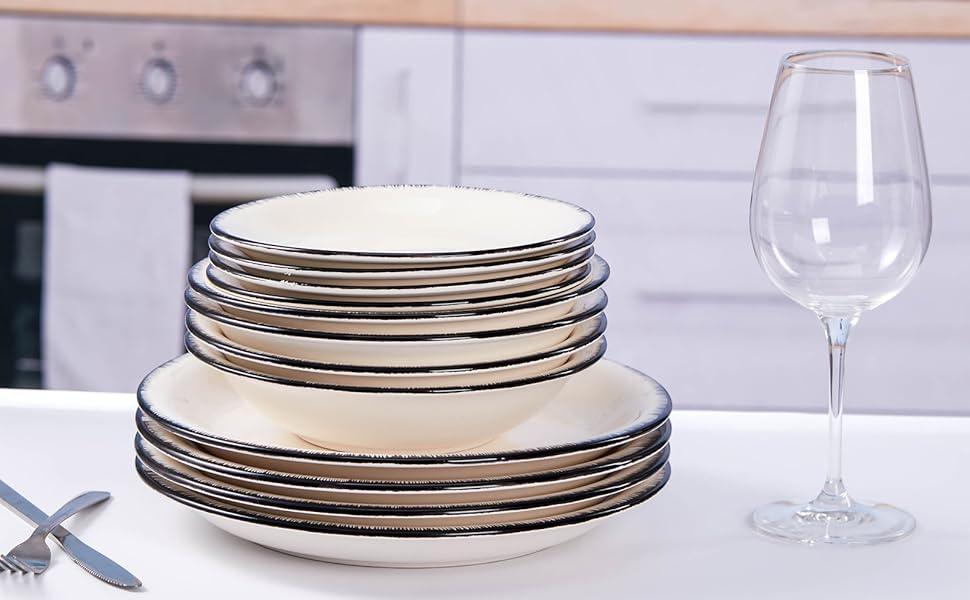 White Dinnerware Set, 12 Piece Round Dishes Set for 4, Kitchen Plates