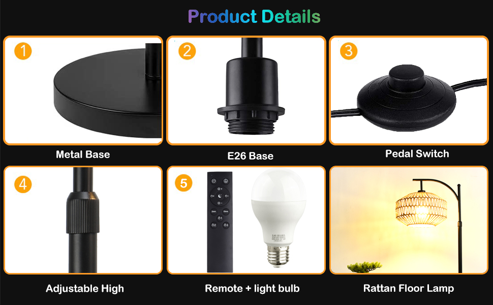 QIYIZM Rattan Floor Lamp with Remote for Living Room Bedroom Arc Boho