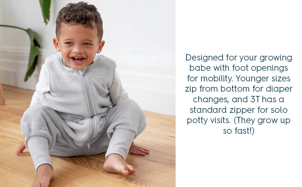 designed for your growing babe with foot openings for mobility