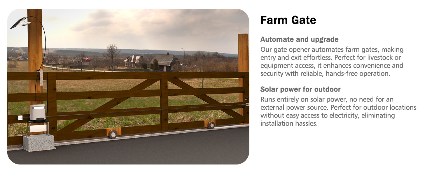 Farm gate opener solution, rural property access control, sliding gate motor for agricultural use