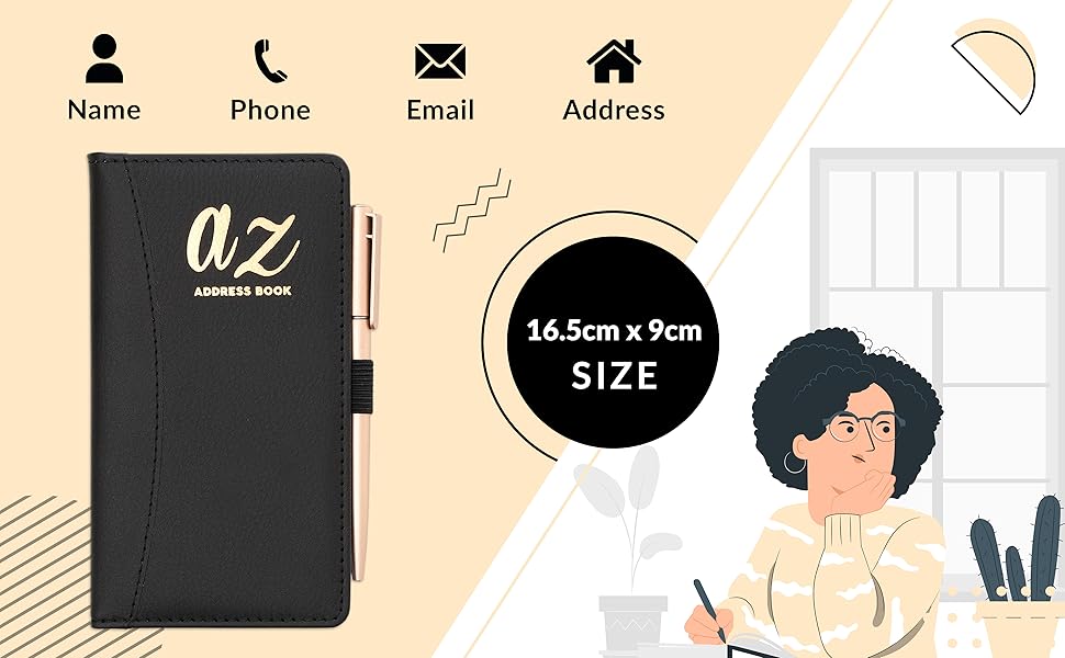 Address Book AZ Grey Index Hard Back Cover Slim Address & Pen