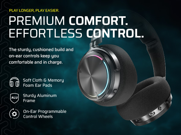 memory foam headset; aluminium frame; memory foam ear cups; on ear controls