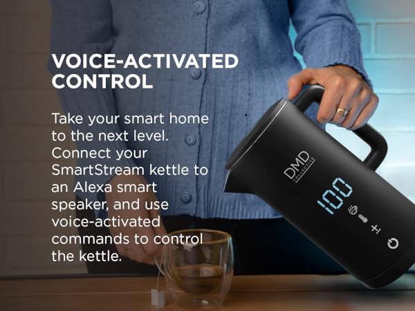 Black smart kettle with digital display pouring water into glass cup. Features voice-activated control through Alexa integration for smart home functionality.