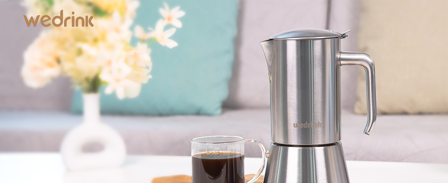 wedrink 100% Stainless Steel Moka Pot for Induction | 4 Cups Dishwasher Safe Coffee Maker | Sliver Espresso maker (4 cupx50ml) 8 Stainless Steel moka pot