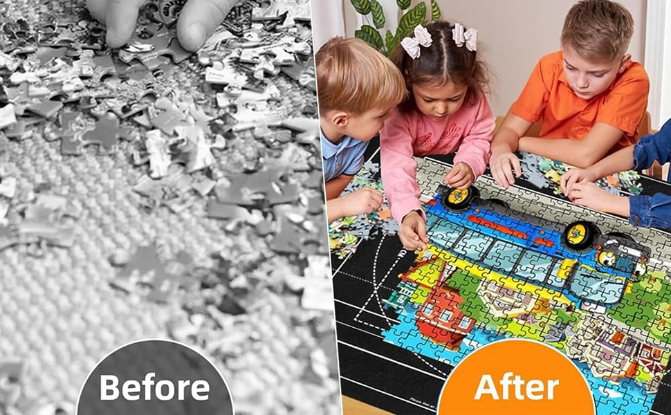 Split image showing jigsaw puzzle pieces scattered in black and white 'Before', and colorful completed puzzle with children assembling it 'After'. Puzzle depicts vibrant cityscape with buildings and vehicles.