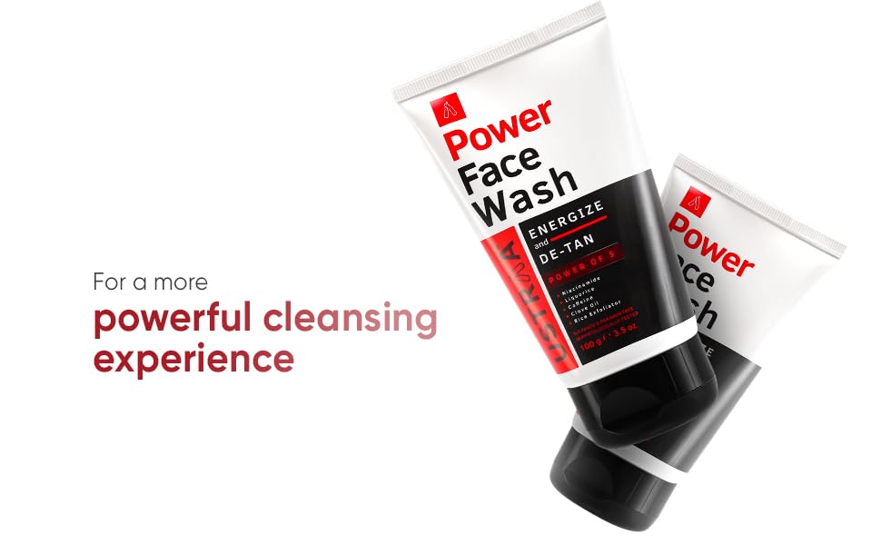 Ustraa Power Face Wash - 100g - Energize and De-Tan | Dermatologicallyl Tested | Effective Tan Removal | Removes Dead Skin, Brightens Skin, Refresh & Recharge, NO SLS, No Paraben 19 face wash