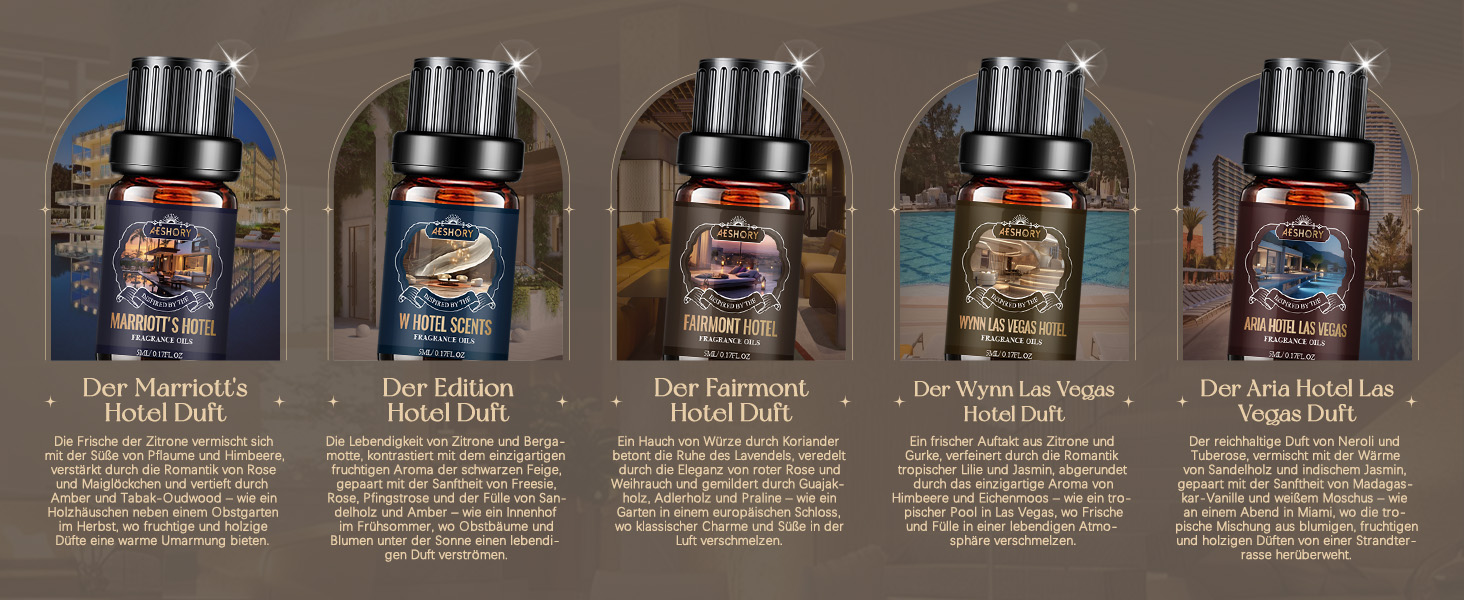 Anzeige von fünf identischen dunklen Flaschen mit in einer Reihe angeordneten Etiketten und Produktinformationstext.