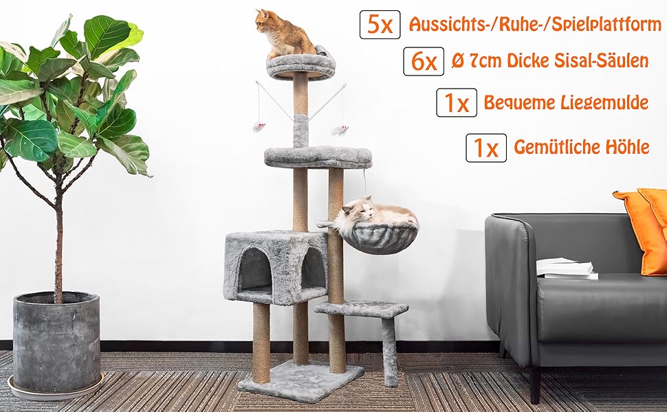 HOMIDEC Cat Scratching Post, 145 cm, Cat Tree, Climbing Tower, Activity Scratching Post with
