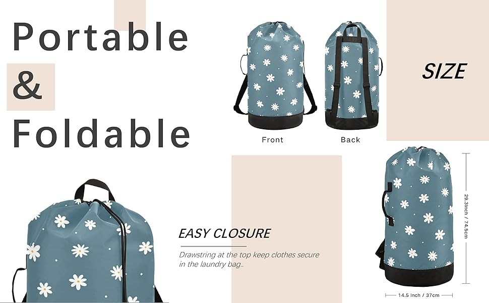 Flower Cute Laundry Bag Backpack with Shoulder Straps Daisy Dirty Clothes Organizer