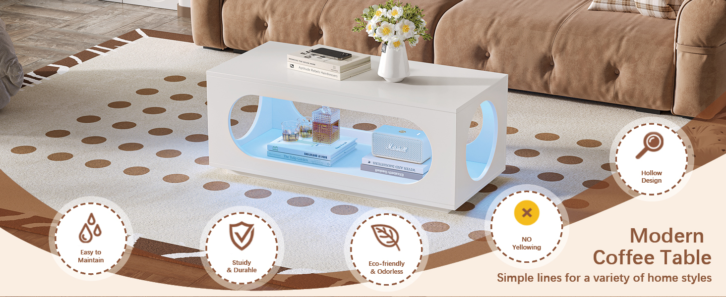  White Led Coffee Table for Living Room,Rectangular Contemporary Center Table with Storage