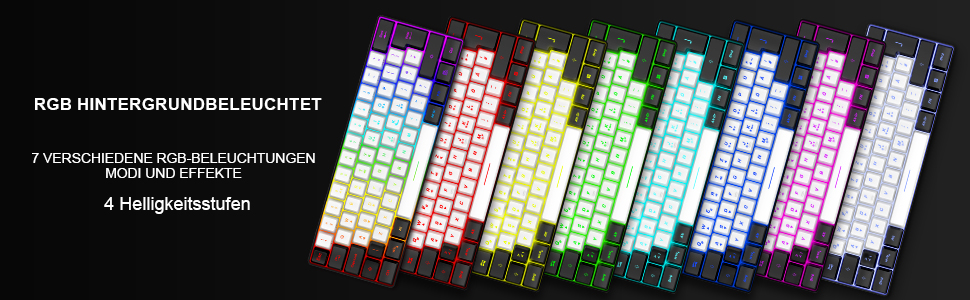 RGB-Tastatur mit Hintergrundbeleuchtung, die ein Farbspektrum von Rot bis Lila anzeigt und mehrere Beleuchtungszonen und -effekte anzeigt.