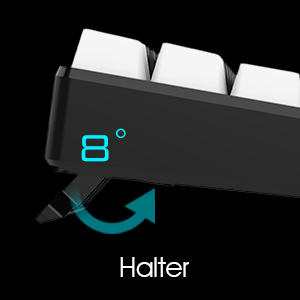 Close-up of a keyboard with a black key labeled '8°' and a cyan arrow. Text 'Hatter' visible below the image.