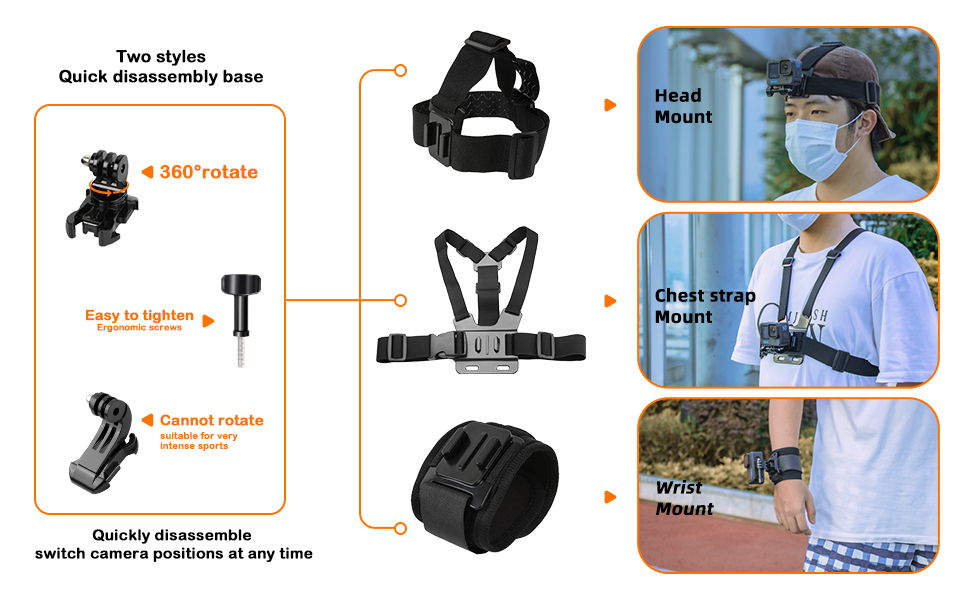 Chest Mount With Head Strap Wrist Strap for Go Pro Hero 13, 12,11,10,9,8,7,6,5,4,3+ Fusion