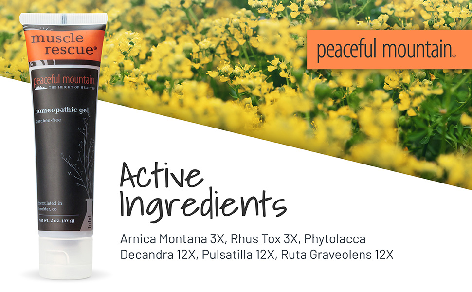 Active ingredients include Arnica Montana 3x, Rhus Tox 3x, Phytolacca Decandra 12x...