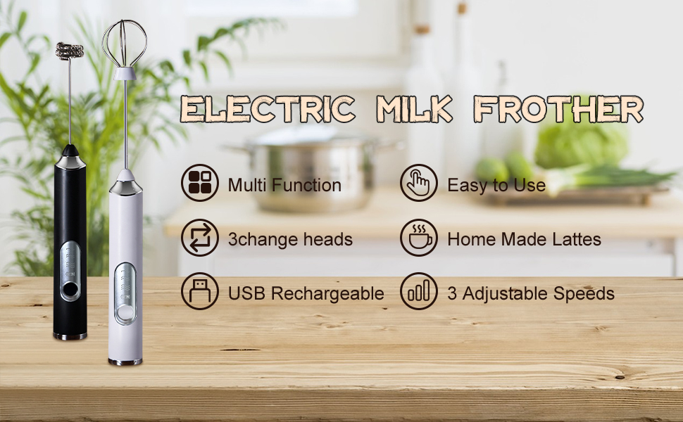 Milk Frother Handheld with 3 Heads, Electric Whisk Drink Foam Mixer