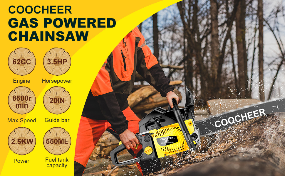COOCHEER Gas Chainsaw, 62CC 2Stroke Gas Powered Chainsaw