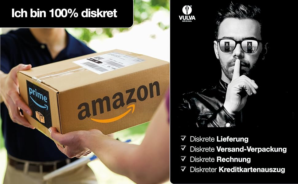 Werbung für den Amazon-Lieferservice, die eine Person zeigt, die ein Amazon-Paket in der Hand hält, mit Text, der diskrete Versandmerkmale auf Deutsch hervorhebt.