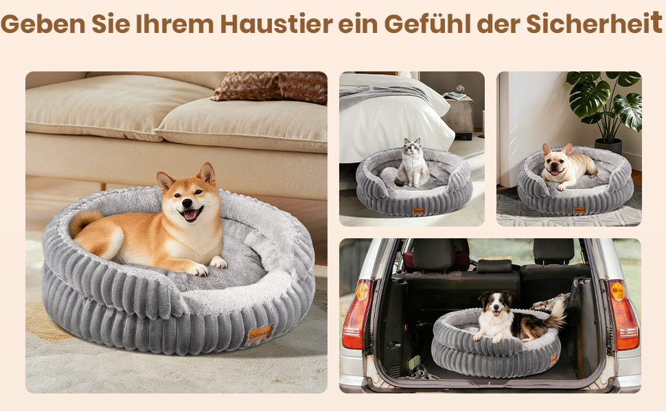 Text reads 'Geben Sie Ihrem Haustier ein Gefühl der Sicherheit'. Multiple views of a gray curved pet bed with small pets resting inside.