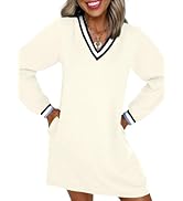 EVALESS Womens Dresses 2025 Fall V Neck Long Sleeve Casual Tshirt Dress Spring Contrast Striped S...